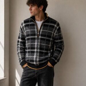 Codice Black Plaid Wool Cashmere Quarter Zip Sweater Size 52 Large Dark Academia